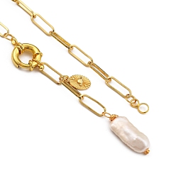 Golden Natural Baroque Pearl Keshi Pearl Lariat Necklaces, with Brass Paperclip Chains and Spring Ring Clasps, Oval, Golden, 18.90 inch(48cm), pearl: 13~20mm long, 6~10mm wide