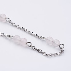 Rose Quartz 304 Stainless Steel Chain Anklets, with Natural Rose Quartz Beads, 9-1/4 inch(235mm)