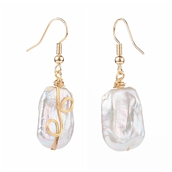 Real 18K Gold Plated Wire Wrapped Natural Baroque Pearl Keshi Pearl Dangle Earrings, with Brass Earring Hooks, Rectangle, Seashell Color, Real 18K Gold Plated, 42mm, Pin: 0.7mm