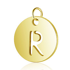 Letter R 304 Stainless Steel Charms, Flat Round with Letter, Golden, Letter.R, 12x1mm, Hole: 2.5mm