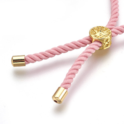 Pink Cotton Cord Bracelet Making, with Brass Findings, Flat Round with Tree of Life, Real 18K Gold Plated, Pink, 8-5/8 inch(22cm), Hole: 2mm