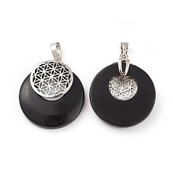 Black Stone Synthetic Black Stone Pendants, Spiritual Charms, with Platinum Tone Brass Findings, Flat Round with Flower of Life/Sacred Geometry, 32~32.5x28~30x7~7.5mm, Hole: 5x8mm
