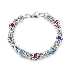 Colorful 304 Stainless Steel Byzantine Chain Bracelet for Girl Women, Round Glass Beads Bracelet, Colorful, 8-1/4~8-5/8 inch(21~22cm)