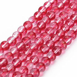 Camellia Transparent Spray Painted Glass Bead Strands, with Golden Foil, Round, Camellia, 6~7mm, Hole: 1.2~1.5mm, about 65~67pcs/Strand, 14.76 inch~15.12 inch(37.5~38.4cm)