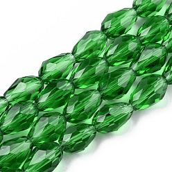 Green Glass Beads Strands, Faceted, Drop, Green, 11x8mm, Hole: 1mm, about 57~59pcs/strand, 26.38~26.77 inch