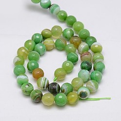 Lime Green Natural Striped Agate/Banded Agate Beads Strands, Faceted, Dyed, Round, Lime Green, 8mm, Hole: 1mm