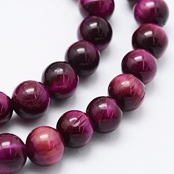 Fuchsia Natural Tiger Eye Beads Strands, Dyed & Heated, Round, Fuchsia, 8mm, Hole: 1mm, about 48pcs/strand, 14.6 inch(37cm)