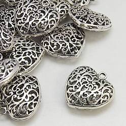 Antique Silver Alloy Pendants, Lead Free & Cadmium Free & Nickel Free, Heart, Antique Silver, Size: about 35mm long, 34.5mm wide, 11mm thick, hole: 3.5mm