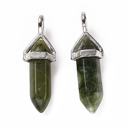 Green Jade Natural Green Xinyi Jade, Chinese Southern Jade Pendants, Faceted, with Platinum Tone Brass Findings, Lead free & Cadmium Free, Bullet, 27~30x9~10x7~8mm, Hole: 4x3mm