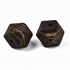 Coconut Brown Painted Natural Wood Beads, Laser Engraved Pattern, Faceted, Polygon with Zebra-Stripe, Coconut Brown, 16x15.5~16.5x15.5~16.5mm, Hole: 3mm