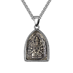 Argent Antique Collier pendentif arc bouddhiste en acier inoxydable pour hommes femmes, bodhisattva guanyin aux mille mains, 23.62 pouce (60 cm)