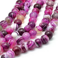 Deep Pink Natural Striped Agate/Banded Agate Bead Strands, Round, Grade A, Dyed & Heated, Deep Pink, 10mm, Hole: 1mm, about 37pcs/strand, 15 inch
