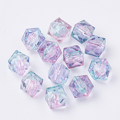 Pink Two Tone Transparent Spray Painted Acrylic Beads, Polygon, Pink, 7.5x8x8mm, Hole: 1.8mm, about 1690pcs/500g