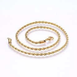 Real 18K Gold Plated 304 Stainless Steel Rope Chain Necklaces, with Lobster Claw Clasps, Real 18K Gold Plated, 19.7 inch(50cm), 2mm