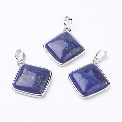 Lapis Lazuli Naturelles lapis-lazuli pendentifs, avec les accessoires en laiton, losange, platine, 25x29x7mm, trou: 5x7 mm, 18x18 mm