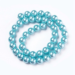 Cyan Eco-Friendly Dyed Glass Pearl Round Beads Strands, Grade A, Cotton Cord Threaded, Cyan, 10mm, Hole: 0.7~1.1mm, about 42pcs/strand, 15 inch