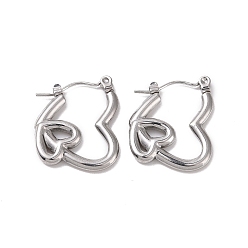 Stainless Steel Color Valentine's Day 304 Stainless Steel Double Heart Hoop Earrings for Women, Stainless Steel Color, 21x17x2.5mm, Pin: 0.6mm