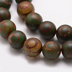 3-Eye Tibetan Style 3-Eye dZi Beads, Natural Agate Bead Strands, Round, Matte Style, Dyed & Heated, Dark Olive Green, 10mm, Hole: 1mm, about 37pcs/strand, 15 inch
