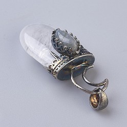 Cristal de Quartz Pendeloques de cristal de quartz naturel, pendentifs en cristal de roche, avec les accessoires en laiton, ovale, argent antique, 44~46x20~21x16~17mm, Trou: 5x7mm