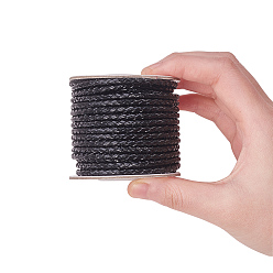 Black Round Braided Cowhide Cords, Black, 3mm, about 10.93 yards(10m)/roll