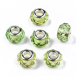Vert Jaune Résine transparente perles européennes, cristal d'imitation, Perles avec un grand trou   , laiton avec ton argent noyaux doubles, facette, rondelle, vert jaune, 14x9.5mm, Trou: 5mm
