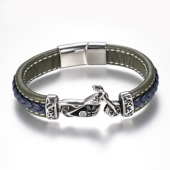Couleur Mélangete Tressés bracelets cordon en cuir pour hommes, avec 304 accessoires en acier inoxydable et les fermoirs magnétiques, moto, couleur mixte, 8-5/8 pouces (220 mm)