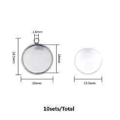 Stainless Steel Color DIY Pendants Making, with 304 Stainless Steel Pendant Cabochon Settings and Clear Half Round Glass Cabochons, Stainless Steel Color, Cabochons: 13.5x7mm, Settings: 18.5x16x2mm, 2pcs/set
