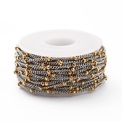 Golden & Stainless Steel Color Two Tone 304 Stainless Steel Curb Chains, Soldered, with Spool and Round Beads, Golden & Stainless Steel Color, 2x2x1mm, 32.8 Feet(10m)/roll