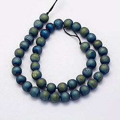 Green Plated Electroplate Natural Druzy Agate Beads Strands, Round, Frosted, Green Plated, 8mm, Hole: 1mm, about 45~48pcs/strand, 14.9 inch(38cm)