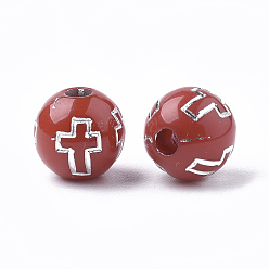 Red Plating Acrylic Beads, Silver Metal Enlaced, Round with Cross, Red, 8mm, Hole: 2mm, about 1800pcs/500g