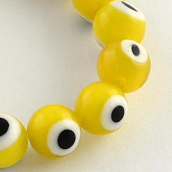 Gold Round Handmade Evil Eye Lampwork Beads Strands, Gold, 8mm, Hole: 1mm, about 48pcs/strand, 13.7 inch