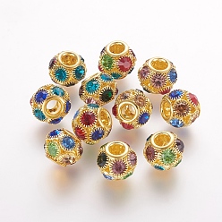 Colorful Brass Beads, with Grade A Rhinestone, Rondelle, Golden, Colorful, 12x10mm, Hole: 4mm