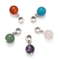 Mixed Stone Large Hole Alloy European Dangle Charms, with Round Gemstone Pendants, Mixed Stone, 23mm, Hole: 5mm