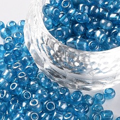 Light Blue Glass Seed Beads, Trans. Colours Lustered, Round, Light Blue, 4mm, Hole: 1.5mm, about 500pcs/50g, 50g/bag, 18bags/2pounds