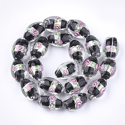 Black Handmade Silver Foil Glass Lampwork Beads, Oval with Flower, Black, 16~17x9~11mm, Hole: 1.5~2mm