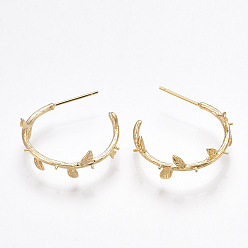 Real 18K Gold Plated Brass Stud Earring Findings, Half Hoop Earrings, For Half Drilled Beads, Branch, Nickel Free, Real 18K Gold Plated, 23x8mm, Pin: 0.8mm