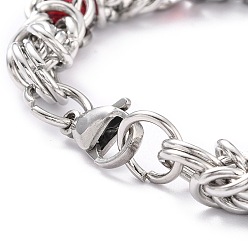 FireBrick 304 Stainless Steel Byzantine Chain Bracelet for Girl Women, Round Glass Beads Bracelet, FireBrick, 8-1/4~8-5/8 inch(21~22cm)