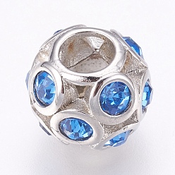 Light Sapphire 304 Stainless Steel European Beads, Large Hole Beads, with Rhinestone, Rondelle, Stainless Steel Color, Light Sapphire, 11x9.5mm, Hole: 5mm