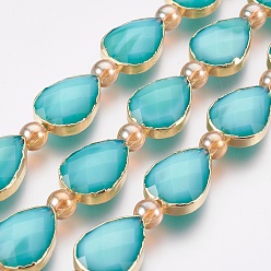 Light Sea Green Opaque Glass Beads Strands, Faceted, with Golden Tone Brass Edge, Teardrop & Round, Light Sea Green, 18x12.5~13x7~7.5mm, Hole: 1mm, about 10pcs/strand, 9 inch(23cm)