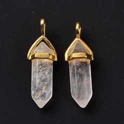 Quartz Crystal Natural Quartz Crystal Pendants, Rock Crystal Pendants, Grade A, with Golden Tone Brass Findings, Lead free & Cadmium Free, Faceted, Bullet, 27~30x9~10x7~8mm, Hole: 4x3mm