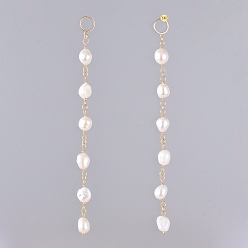 White Natural Cultured Freshwater Pearl Dangle Earrings, with Brass Stud Earring Findings, Plastic/Brass Ear Nuts and Cardboard Packing Box, White, 140mm, Pin: 0.7mm