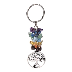 Mixed Stone Natural Gemstone Keychain, with Brass Findings, Flat Round with Tree, 88mm, Pendant: 28.5x25x2mm