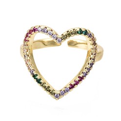Real 16K Gold Plated Brass Micro Pave Cubic Zirconia Cuff Rings, Open Heart Rings, Nickel Free, Colorful, Real 16K Gold Plated, Inner Diameter: 17mm