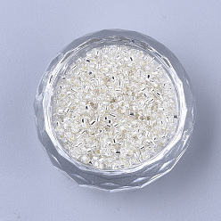 Ivoire Perles cylindriques en verre, Perles de rocaille, Argenté, trou rond, blanc crème, 1.5~2x1~2mm, Trou: 0.8mm, environ 8000 pcs / sachet , environ 85~95 g /sachet 