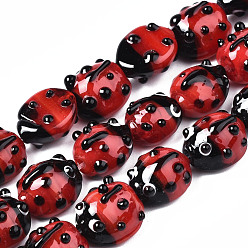 Red Handmade Lampwork Beads Strands, Ladybug, Red, 10.5~14x9~11x5~8mm, Hole: 1~2mm, about 20pcs/Strand, 8.86 inch~9.06 inch(22.5~23cm)