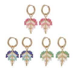Mixed Color 3 Pair 3 Color Glass Seed Braided Leaf Dangle Hoop Earrings, Golden 304 Stainless Steel Jewelry for Women, Mixed Color, 37mm, Pin: 1mm, 1 Pair/color
