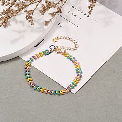 Coloré Bracelets de chaînes d'épis d'émail en laiton, avec chaînes gourmettes plaquées or et fermoirs à anneaux à ressort, colorées, 7-3/8 pouce (18.8 cm)
