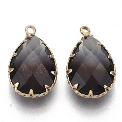 Brun De Noix De Coco K 9 pendentifs en tourmaline imitation verre, avec les accessoires en laiton de tonalité d'or, facette, larme, brun coco, 23x13.5~14x8mm, Trou: 2mm