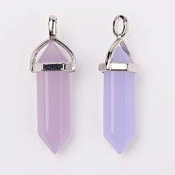 Lilac Bullet Imitation Jade Glass Pointed Pendants, with Alloy Findings, Lilac, 39x12mm, Hole: 3x4mm