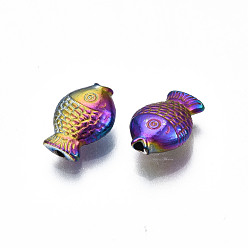 Rainbow Color Placage en rack perles en alliage de couleur arc-en-ciel, sans cadmium et sans nickel et sans plomb, poisson, 11.5x8x4mm, Trou: 1.2~1.4mm
